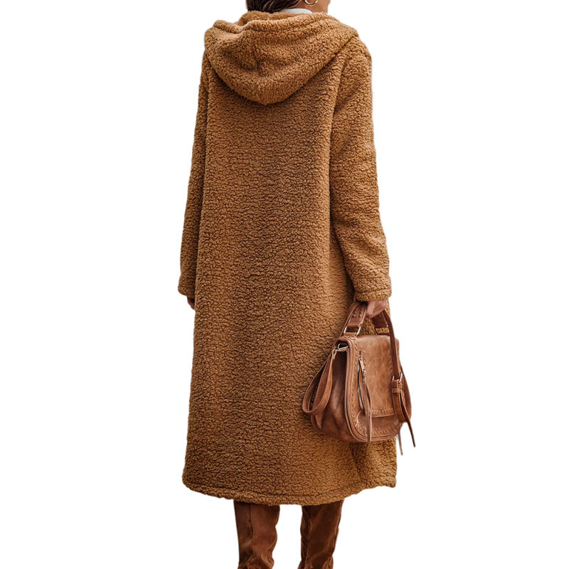 Brown Open Front Long Sleeve Hooded Fleece Coat TQK280217-17