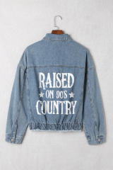Sky Blue Raised On 90\'s Country Distressed Denim Jacket LC788244-4