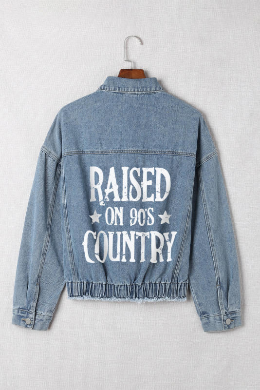 Sky Blue Raised On 90\'s Country Distressed Denim Jacket LC788244-4