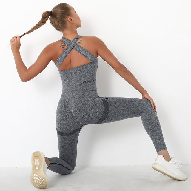 Dark Gray Back-Criss Seamless Yoga One Piece Jumpsuit TQE91567-23