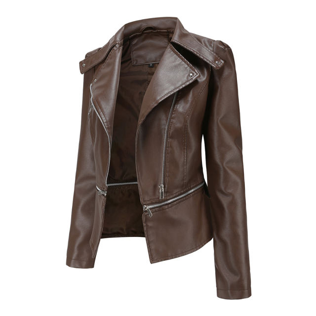 Coffee Removable Hem Leather PU Leather Jacket TQK280125-15
