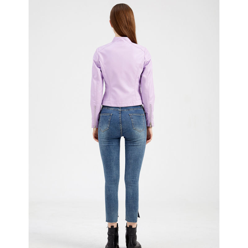 Light Purple PU Stand Collar Short Leather Jacket TQK280124-38