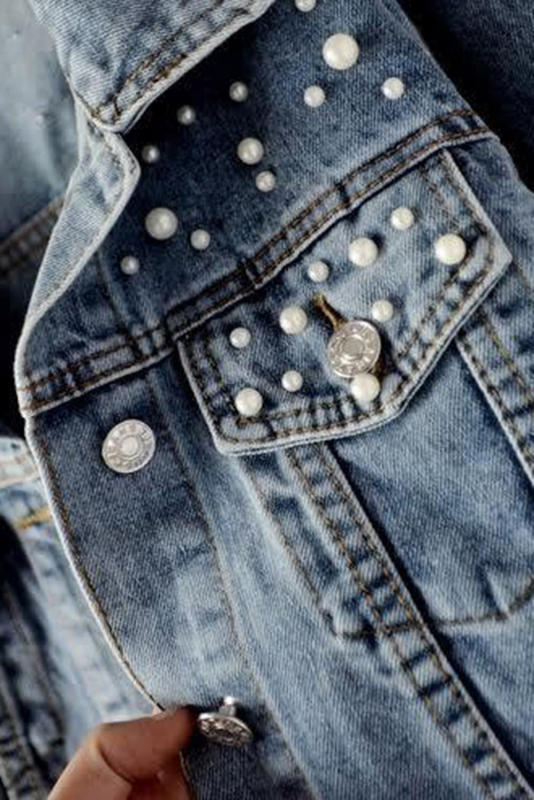 Sky Blue Pearl Turn Down Collar Denim Jacket LC788144-4