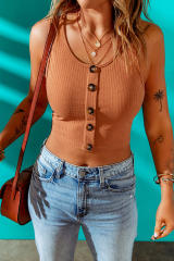 Brown Buttons Front Rib-knit Tank Crop Top LC2565554-17