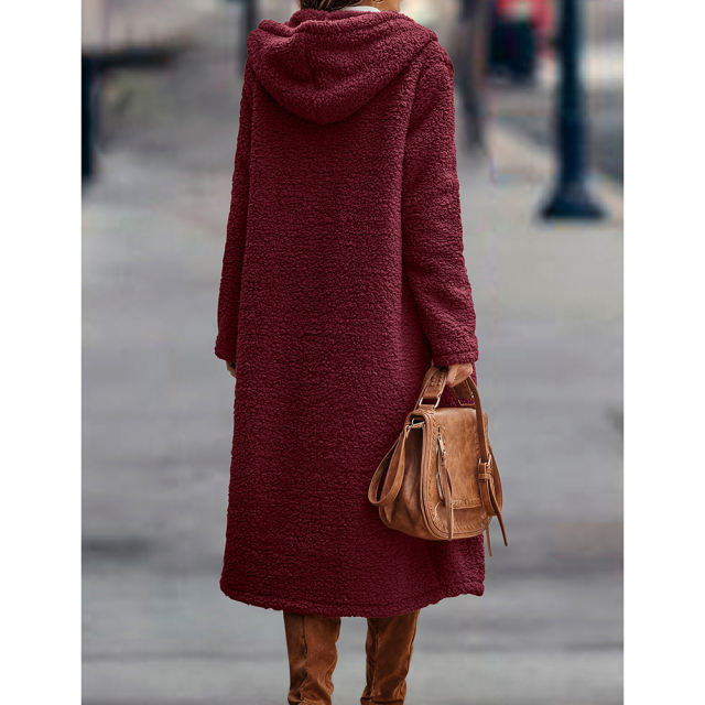 Burgundy Open Front Long Sleeve Hooded Fleece Coat TQK280217-23