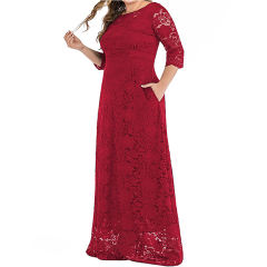 Wine Red 3/4 Sleeve High Waist Lace Plus Size Dress TQK310976-23