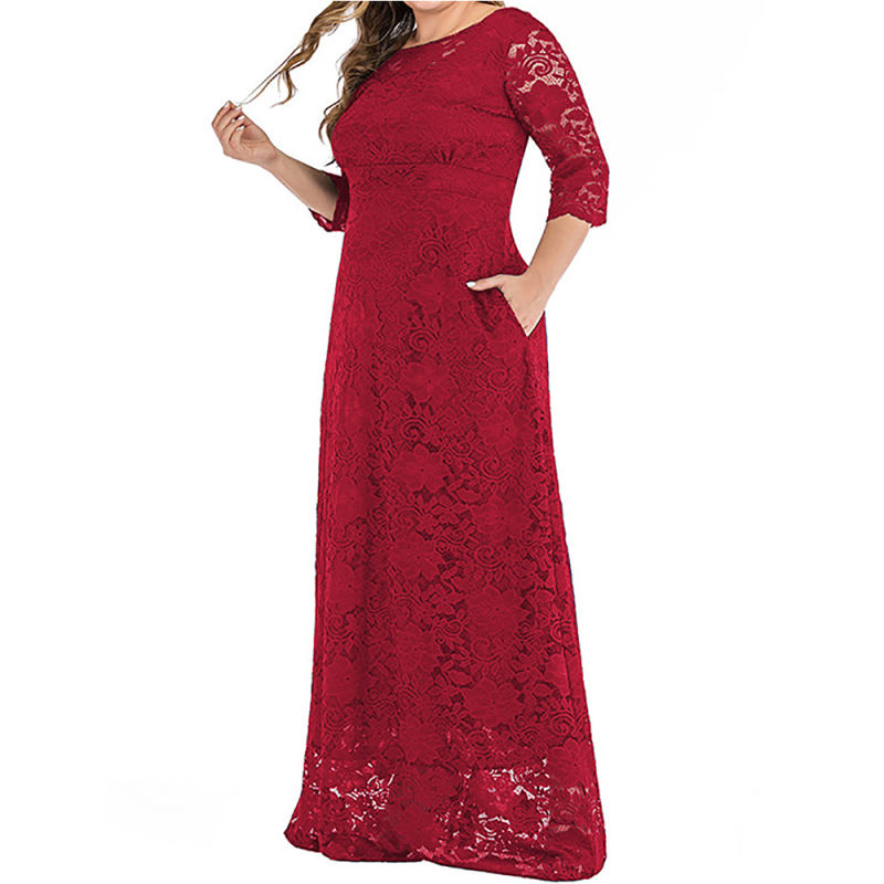 Wine Red 3/4 Sleeve High Waist Lace Plus Size Dress TQK310976-23