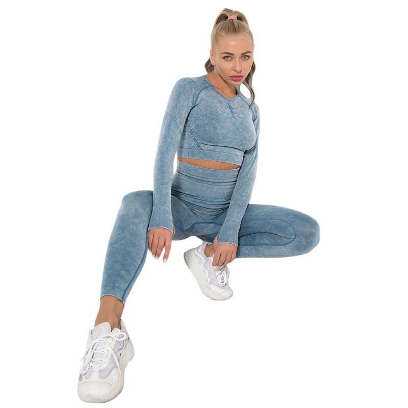 Blue Nylon Seamless Long Sleeve Pant Yoga Set TQE91361-5