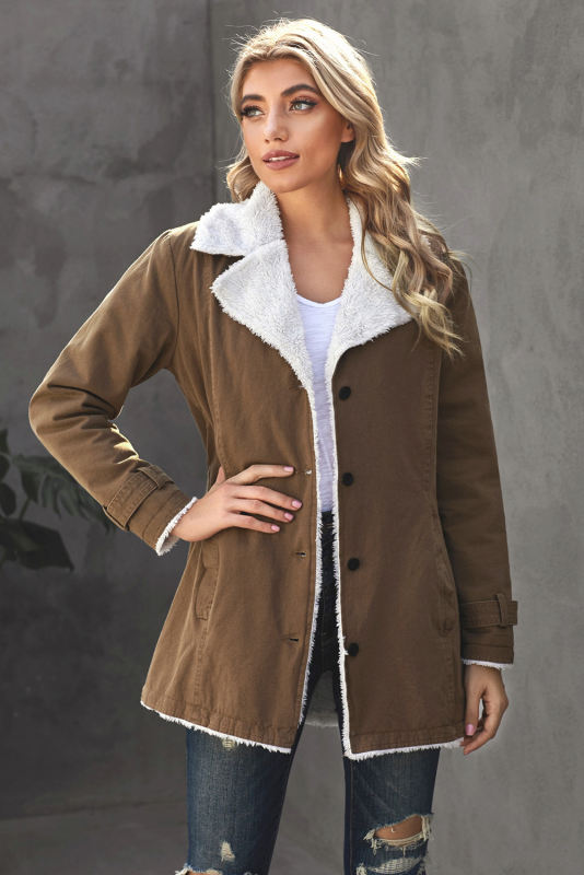 Khaki Lapel Collar Button Fleece Jacket LC8511336-16