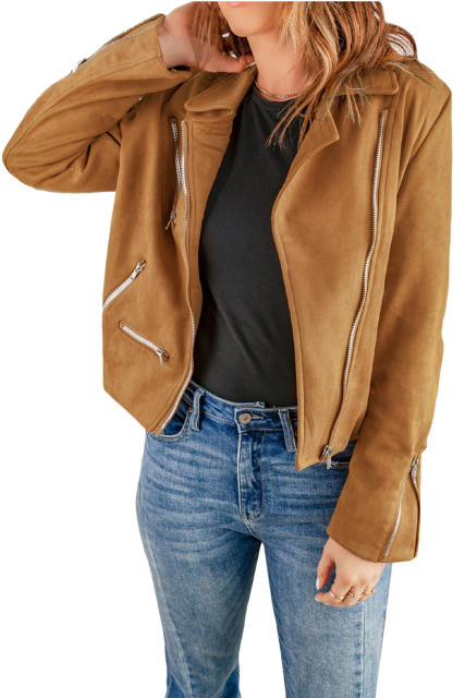 Brown Zipped Notch Collar Short Jacket LC85294-17
