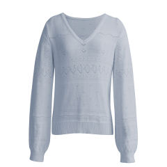 Blue V Neck Hollow-out Long Sleeve Sweater TQV270058-5