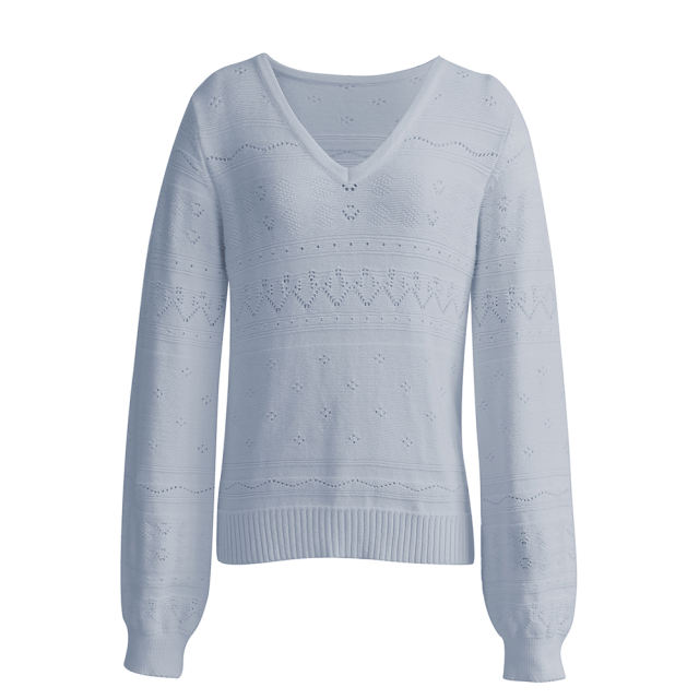 Blue V Neck Hollow-out Long Sleeve Sweater TQV270058-5