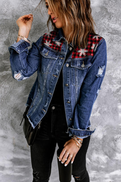 Blue Snowflake Plaid Patchwork Distressed Denim Jacket LC788257-5