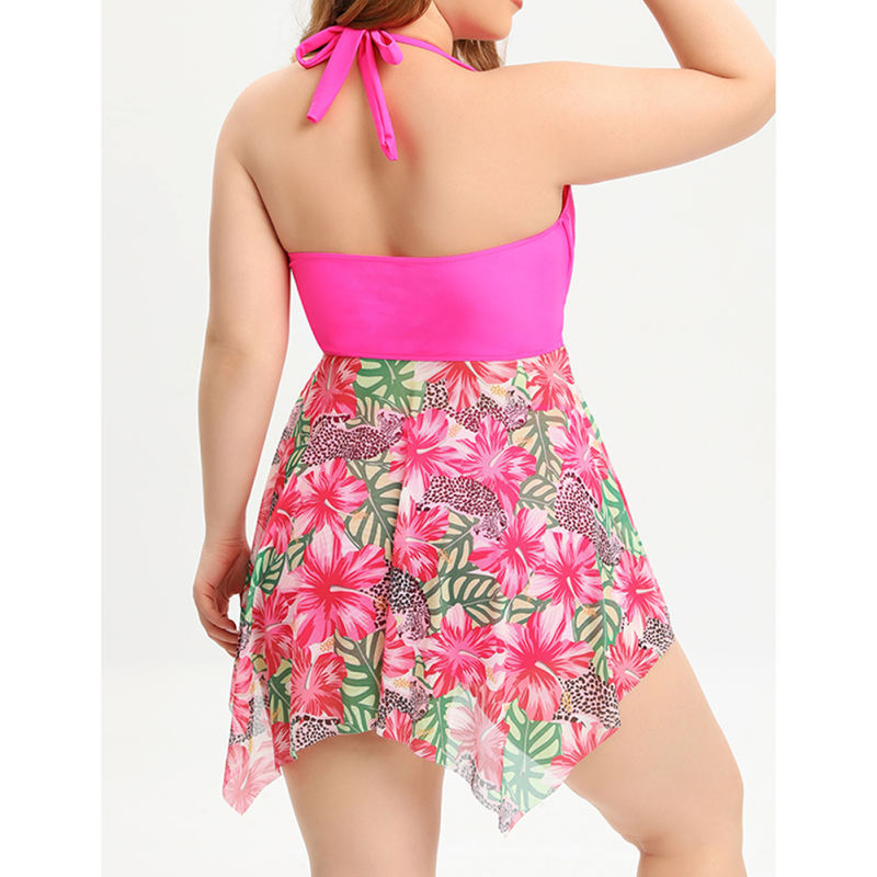 Rosy Halter Neck Mesh Floral Print Plus Size Swimdress TQX610027-6