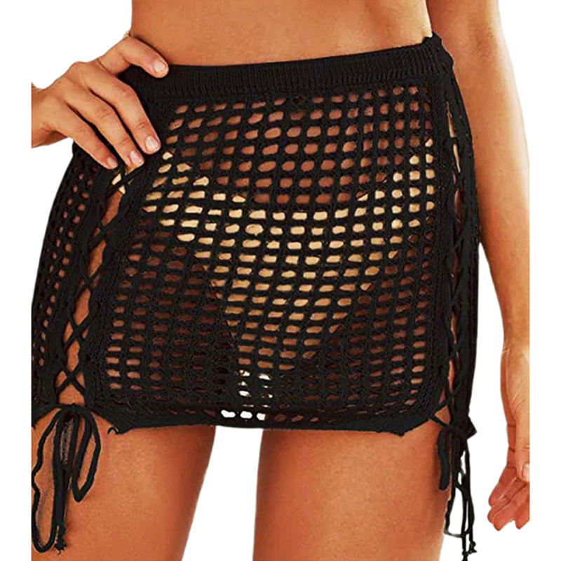 Black Hollow-out Side Drawstring Beachwear Mini Skirt TQV360075-2