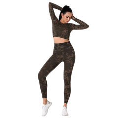 Yellow Camo Knit Seamless Long Sleeve Pant Yoga Set TQE91362-7