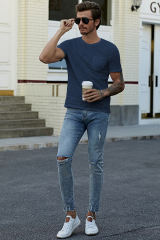 Blue Solid Color Short Sleeve Men\'s T-shirt MC252718-5