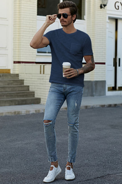 Blue Solid Color Short Sleeve Men\'s T-shirt MC252718-5