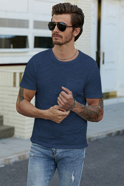 Blue Solid Color Short Sleeve Men\'s T-shirt MC252718-5