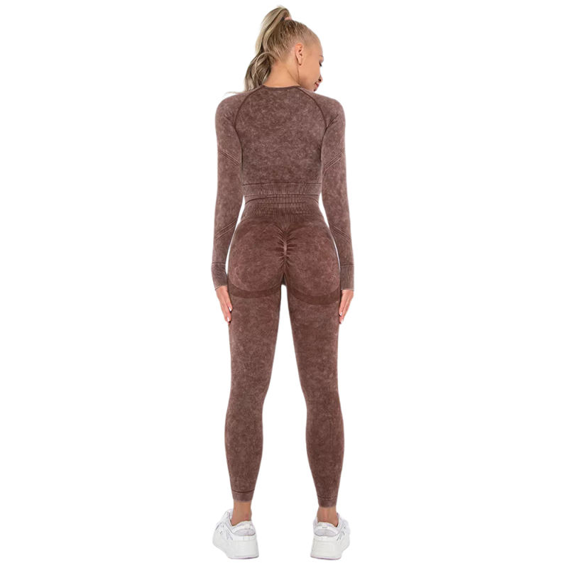 Coffee Nylon Seamless Long Sleeve Pant Yoga Set TQE91361-15
