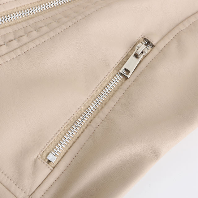Beige Rivet Decoration Turndown Collar PU Leather Jacket TQK280137-46