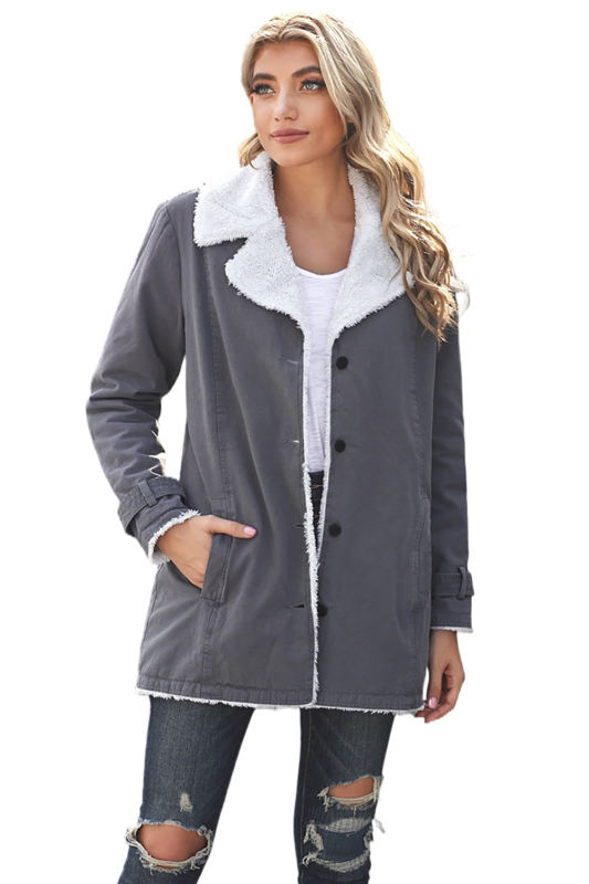 Gray Lapel Collar Button Fleece Jacket LC8511336-11