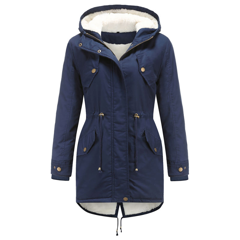 Navy Blue Waist Drawstring Plush Hooded Thick Parka Coat TQK280127-34