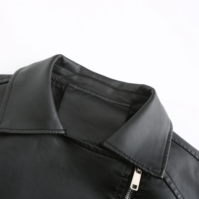 Black Zipper &amp; Bandage PU Leather Jacket TQK280142-2