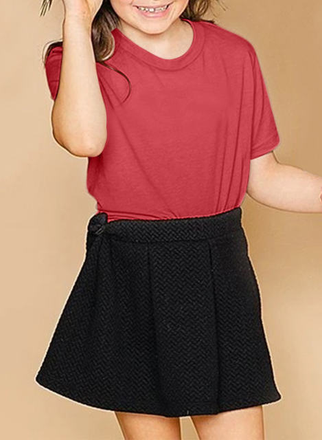 Red Solid Color Short Sleeve Crewneck Kid\'s Tee