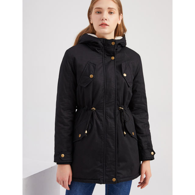 Black Waist Drawstring Plush Hooded Thick Parka Coat TQK280127-2