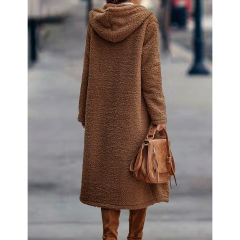 Coffee Open Front Long Sleeve Hooded Fleece Coat TQK280217-15