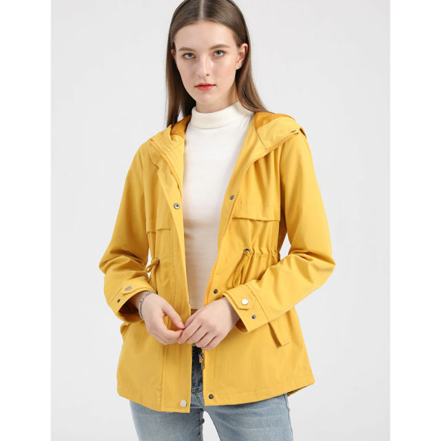 Yellow Waist Drawstring Hooded Outdoor Rainproof Coat TQK280126-7