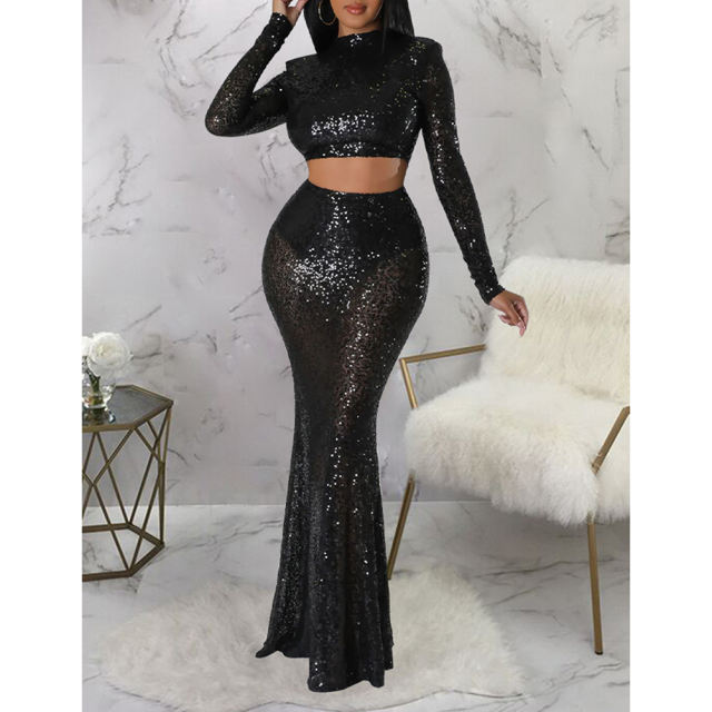 Black Sequined Crop Top with Fishtail Skirt Set TQV810034-2