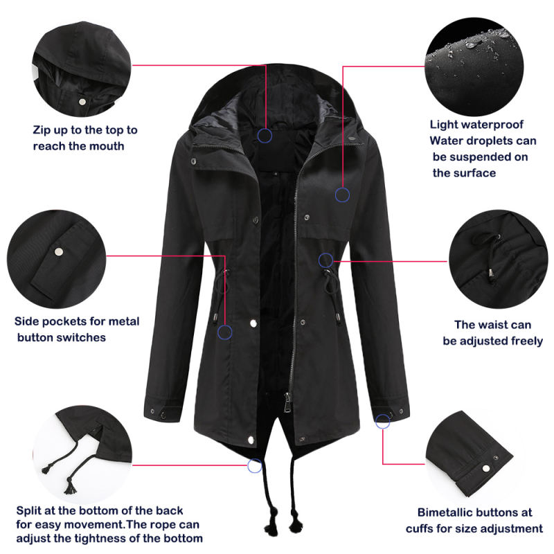 Black Waist Drawstring Hooded Outdoor Rainproof Coat TQK280126-2