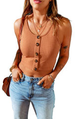 Brown Buttons Front Rib-knit Tank Crop Top LC2565554-17