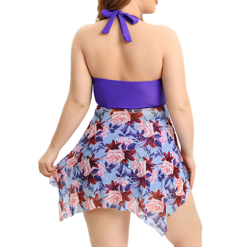 Purple Halter Neck Mesh Floral Print Plus Size Swimdress TQX610027-8