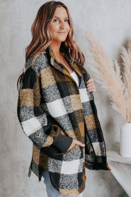 Black Zipper Side Pockets Plaid Overcoat LC859014-2