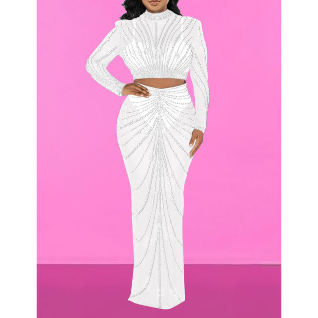 White Rhinestones Long Sleeve Crop with Maxi Skirt Set TQV810029-1