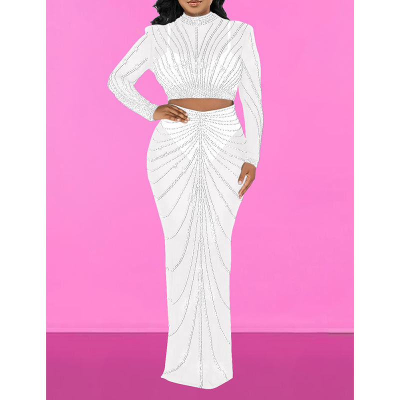White Rhinestones Long Sleeve Crop with Maxi Skirt Set TQV810029-1