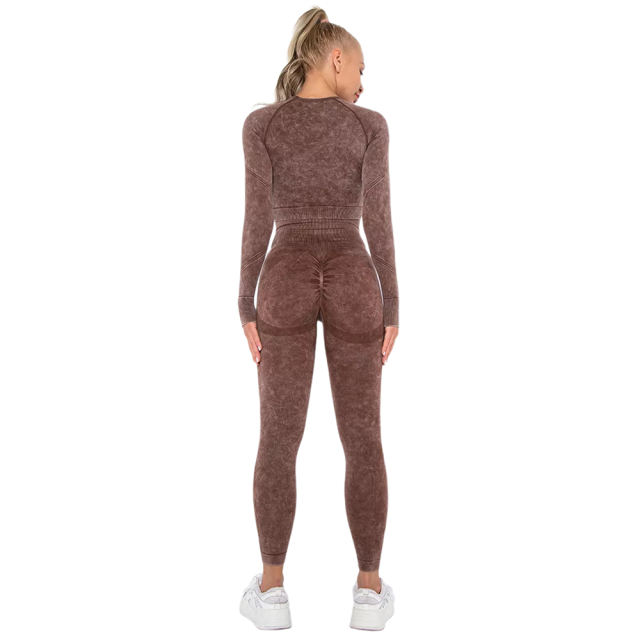 Coffee Nylon Seamless Long Sleeve Pant Yoga Set TQE91361-15
