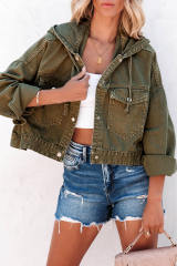 Green Large Pockets Hooded Cropped Denim Jacket LC788165-9