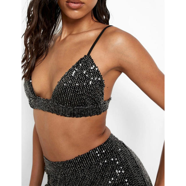 Black Sequined Shirt with Pant and Bra 3pcs Set TQF711062-2