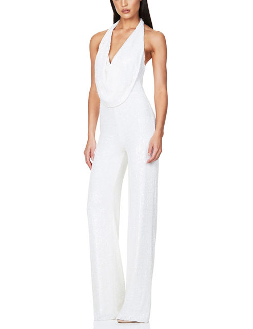 White  Deep V Neck Pile Collar Backless Sequined Jumpsuit TQK550310-1