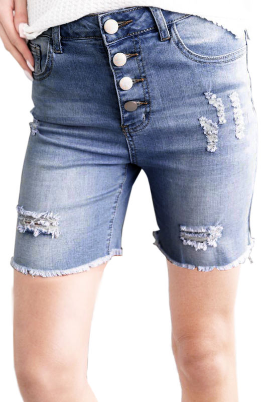 Blue Button Front Distressed Shorts LC786201-5