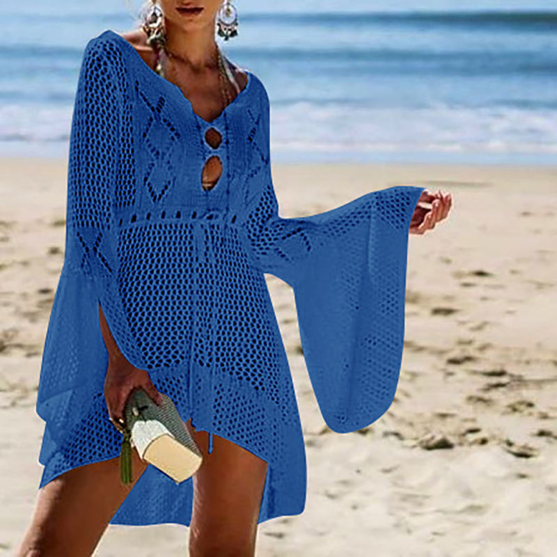 Royalblue  V Neck Crochet Bell Sleeve Beach Dress TQK650021-62
