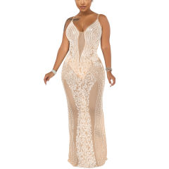 Apricot Rhinestone See Through Long Maxi Dress TQK310858-18