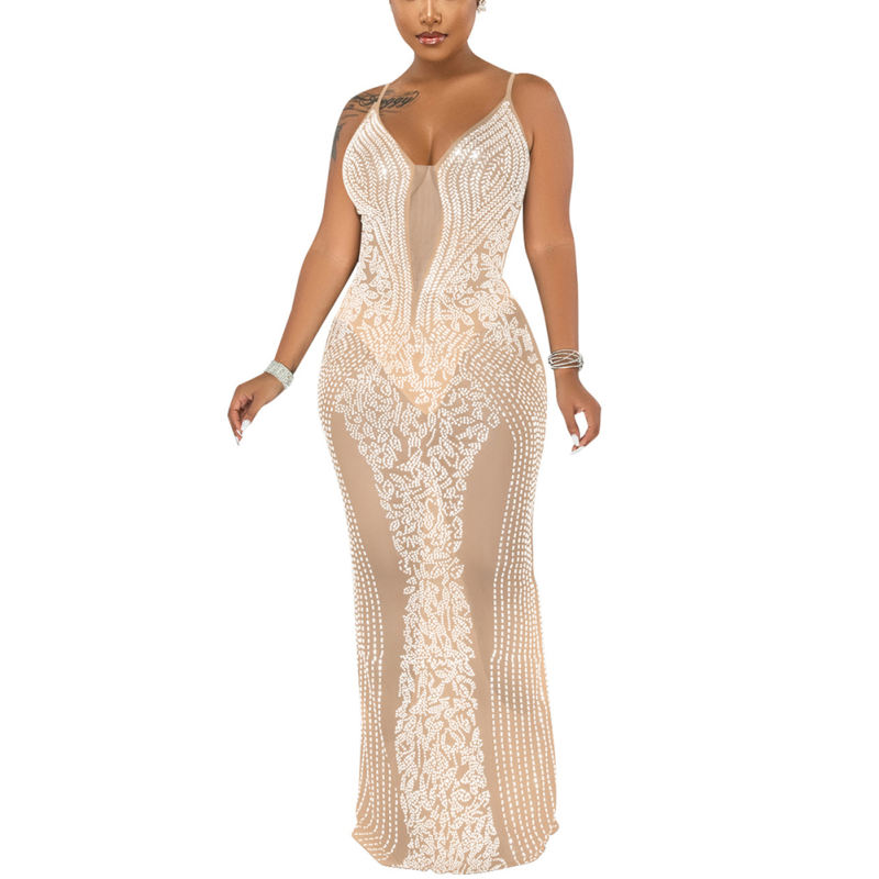 Apricot Rhinestone See Through Long Maxi Dress TQK310858-18