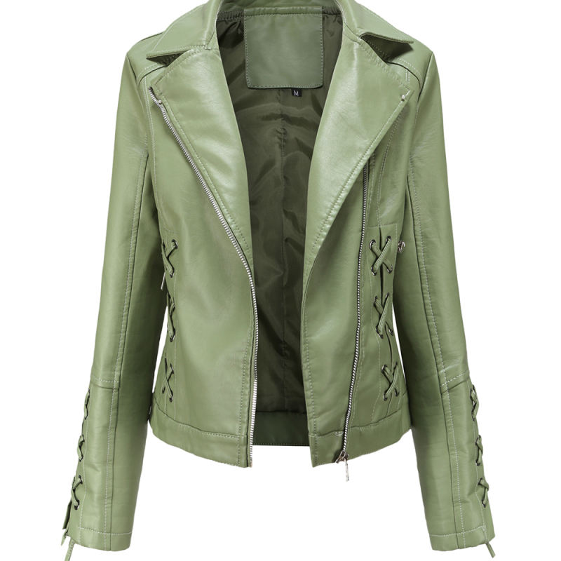 Light Green Zipper &amp; Bandage PU Leather Jacket TQK280142-28