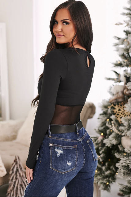 Black Mesh Splicing Long Sleeve Bodysuit LC32877-2