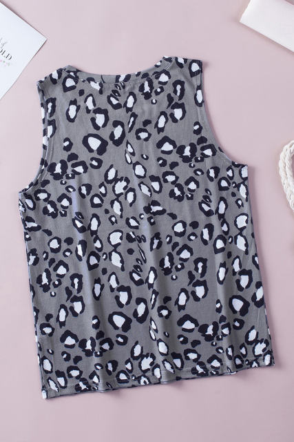 Gray Leopard Print Crew Neck Tank Top LC2565188-11